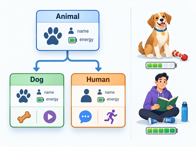 An Animal parent class branching to Dog and Human child classes.